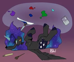 Size: 3000x2500 | Tagged: safe, artist:lionbun1, derpibooru import, oc, oc:new moon, alicorn, pony, cute, female, filly, image, lying down, mare, on back, painting, parent:princess luna, patreon, patreon reward, png