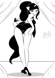 Size: 751x1063 | Tagged: suggestive, artist:thedansingpig, derpibooru import, oc, unofficial characters only, anthro, unicorn, arm hooves, female, horn, image, jpeg, looking at you, looking back, looking back at you, monochrome, signature, solo, solo female, unicorn oc