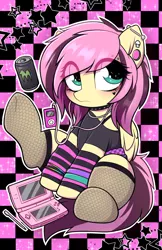 Size: 2500x3863 | Tagged: safe, artist:moozua, derpibooru import, fluttershy, pegasus, pony, 3ds, alternate hairstyle, arm warmers, blushing, choker, clothes, cute, female, image, makeup, mare, monster energy, music player, nintendo ds, png, scene, scene kid, shyabetes, socks, solo, wristband