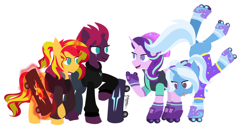 Size: 3337x1694 | Tagged: safe, artist:samsailz, derpibooru import, fizzlepop berrytwist, starlight glimmer, sunset shimmer, tempest shadow, trixie, unicorn, :p, alternate hairstyle, babysitter trixie, beanie, broken horn, clothes, counterparts, equestria girls outfit, eye scar, handstand, happy, hat, hoodie, horn, image, levitation, lineless, magic, magic aura, png, quartet, reformed unicorn meeting, reformed villain, roller skates, scar, skateboard, skates, smiling, telekinesis, tongue out, trick, twilight's counterparts, upside down