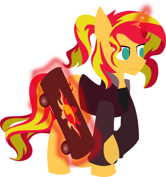 Size: 1144x1224 | Tagged: safe, artist:samsailz, derpibooru import, sunset shimmer, alternate hairstyle, glowing horn, horn, image, levitation, magic, png, skateboard, skates, telekinesis