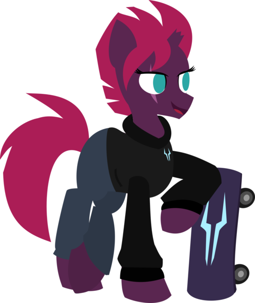 Size: 1151x1368 | Tagged: safe, artist:samsailz, derpibooru import, fizzlepop berrytwist, tempest shadow, pony, unicorn, alternate hairstyle, broken horn, clothes, eye scar, hoodie, horn, image, lineless, png, scar, smiling, solo