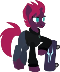 Size: 1151x1368 | Tagged: safe, artist:samsailz, derpibooru import, fizzlepop berrytwist, tempest shadow, pony, unicorn, alternate hairstyle, broken horn, clothes, eye scar, hoodie, horn, image, lineless, png, scar, smiling, solo