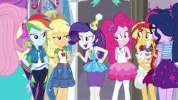 Size: 1920x1080 | Tagged: safe, derpibooru import, screencap, applejack, fluttershy, opalescence, pinkie pie, rainbow dash, rarity, sci-twi, sunset shimmer, twilight sparkle, equestria girls, equestria girls series, fomo, spoiler:eqg series (season 2), humane five, humane seven, humane six, image, png