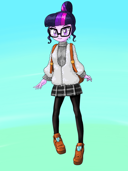 Size: 1668x2224 | Tagged: safe, artist:xjleiu, derpibooru import, sci-twi, twilight sparkle, equestria girls, backpack, clothes, glasses, hair bun, image, jacket, plaid skirt, png, pokemon sword and shield, pokémon, shoes, sneakers, socks, solo, stockings, sweater, thigh highs, turtleneck