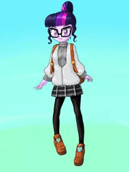 Size: 1668x2224 | Tagged: safe, artist:xjleiu, derpibooru import, sci-twi, twilight sparkle, equestria girls, backpack, clothes, glasses, hair bun, image, jacket, plaid skirt, png, pokemon sword and shield, pokémon, shoes, sneakers, socks, solo, stockings, sweater, thigh highs, turtleneck
