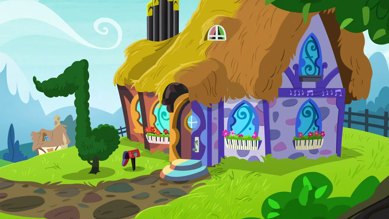 Size: 1280x720 | Tagged: safe, derpibooru import, screencap, season 5, slice of life (episode), background, bush, cloud, fence, house, image, mailbox, no pony, png, ponyville, scenic ponyville, vinyl and octavia's home