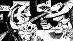 Size: 4252x2364 | Tagged: safe, artist:lexx2dot0, derpibooru import, oc, oc:blackjack, oc:dealer, earth pony, pony, unicorn, zebra, fallout equestria, fallout equestria: project horizons, black and white, book, comic, fanfic art, female, gambling, grayscale, horn, image, male, mare, monochrome, playing card, png, poker chips, pony doll, pony dolls, pony toy, small horn, stallion, sweat, sweatdrop