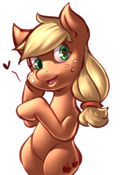 Size: 518x737 | Tagged: safe, artist:applepost67, derpibooru import, applejack, earth pony, pony, bipedal, female, floating heart, hatless, heart, hoof on cheek, image, mare, missing accessory, open mouth, open smile, png, simple background, smiling, solo, white background