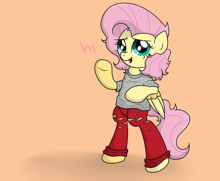 Size: 4056x3337 | Tagged: safe, artist:background basset, derpibooru import, fluttershy, pegasus, pony, alternate hairstyle, bipedal, clothes, hi, image, pants, png, shirt, simple background, solo, text, tomboy, torn clothes, waving
