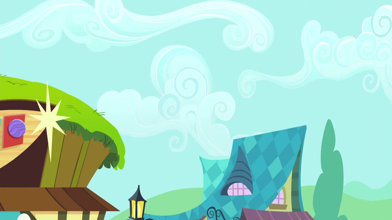 Size: 1280x720 | Tagged: safe, derpibooru import, screencap, slice of life (episode), background, bowling alley, cloud, house, image, no pony, png, scenic ponyville, street lamp, tree