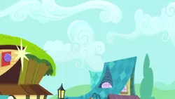 Size: 1280x720 | Tagged: safe, derpibooru import, screencap, slice of life (episode), background, bowling alley, cloud, house, image, no pony, png, scenic ponyville, street lamp, tree