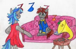 Size: 804x523 | Tagged: safe, artist:superdwarf3000, derpibooru import, oc, oc:homage, oc:littlepip, pony, unicorn, fallout equestria, clothes, couch, dress, image, phonograph, png