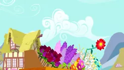 Size: 1280x720 | Tagged: safe, derpibooru import, screencap, slice of life (episode), background, cloud, everything is ruined, flower shop, house, image, mountain, no pony, png, ponyville, scenic ponyville, zinnia