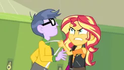 Size: 3410x1920 | Tagged: safe, derpibooru import, screencap, microchips, sunset shimmer, equestria girls, equestria girls series, forgotten friendship, angry, clothes, cutie mark, cutie mark on clothes, female, glasses, image, jacket, jewelry, jpeg, leather, leather jacket, lockers, male, necklace