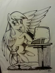 Size: 2448x3264 | Tagged: artist needed, safe, derpibooru import, oc, oc:tailwind, pegasus, pony, fallout equestria, fallout equestria: frozen skies, desk, fanfic art, female, image, jpeg, mare, open mouth, sitting, sketch, solo, terminal, typing, wings