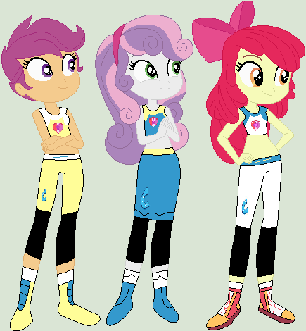 Size: 435x470 | Tagged: safe, artist:jadethepegasus, derpibooru import, apple bloom, scootaloo, sweetie belle, equestria girls, crossover, cutie mark crusaders, exeron fighters, exeron outfit, image, png