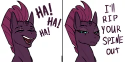 Size: 3000x1500 | Tagged: safe, artist:kirasunnight, derpibooru import, tempest shadow, pony, unicorn, 2 panel comic, broken horn, comic, eye scar, eyes closed, female, horn, image, laughing, mare, mood whiplash, open mouth, png, scar, simple background, solo, tempest shadow is not amused, threat, unamused, white background