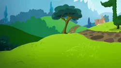 Size: 1280x720 | Tagged: safe, derpibooru import, screencap, slice of life (episode), background, hill, house, image, mountain, path, png, ponyville, scenery, scenic ponyville, tree