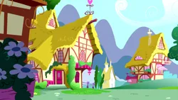 Size: 1280x720 | Tagged: safe, derpibooru import, screencap, slice of life (episode), background, cloud, flower, house, image, mountain, no pony, png, ponyville, scenic ponyville, tree