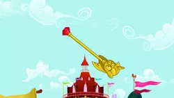 Size: 1280x720 | Tagged: safe, derpibooru import, screencap, slice of life (episode), background, cloud, flag, house, image, no pony, png, ponyville, ponyville town hall, scenic ponyville, scepter, tree, twilight scepter