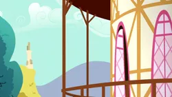 Size: 1280x720 | Tagged: safe, derpibooru import, screencap, slice of life (episode), background, cloud, hill, house, image, no pony, png, ponyville, ponyville town hall, scenic ponyville, tree, window