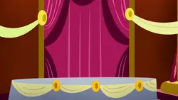 Size: 1280x720 | Tagged: safe, derpibooru import, screencap, slice of life (episode), background, curtain, image, liminal space, no pony, png, ponyville town hall, scenic ponyville, table