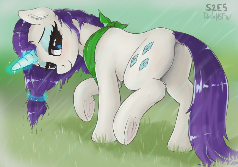 Size: 3000x2105 | Tagged: suggestive, alternate version, artist:dosh, derpibooru import, part of a set, rarity, pony, unicorn, series:dosh's mare-a-thon, season 2, sisterhooves social, bandana, bedroom eyes, butt, dock, featureless crotch, female, frog (hoof), glowing horn, high res, hooves, horn, image, looking at you, looking back, looking back at you, magic, mare, outdoors, plot, png, rain, rearity, smiling, solo, solo female, underhoof, wet, wet mane, wet mane rarity
