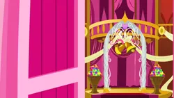 Size: 1280x720 | Tagged: safe, derpibooru import, screencap, slice of life (episode), arch, architecture, background, balcony, bell, curtain, door, flameless fireworks, image, liminal space, no pony, png, ponyville town hall, scenic ponyville