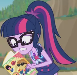 Size: 1380x1355 | Tagged: safe, derpibooru import, screencap, sci-twi, twilight sparkle, equestria girls, equestria girls series, friendship math, clothes, cropped, female, geode of telekinesis, glasses, image, magazine, magical geodes, one-piece swimsuit, png, ponytail, sci-twi swimsuit, sleeveless, solo, swimsuit