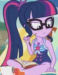 Size: 1312x1687 | Tagged: safe, derpibooru import, screencap, sci-twi, twilight sparkle, equestria girls, equestria girls series, friendship math, adding machine, beach chair, clothes, cropped, female, geode of telekinesis, glasses, image, magical geodes, one-piece swimsuit, pencil, png, ponytail, sci-twi swimsuit, sleeveless, solo, swimsuit