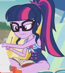 Size: 1508x1687 | Tagged: safe, derpibooru import, screencap, sci-twi, twilight sparkle, equestria girls, equestria girls series, friendship math, adding machine, beach chair, clothes, cropped, female, geode of telekinesis, glasses, image, magical geodes, one-piece swimsuit, pencil, png, ponytail, sci-twi swimsuit, sleeveless, solo, swimsuit