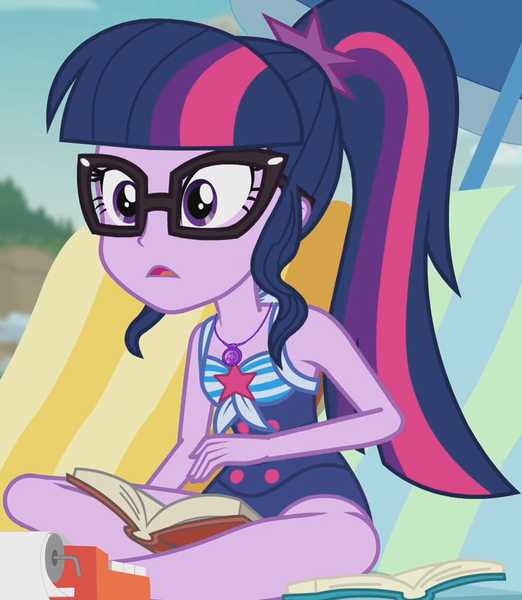 Size: 1468x1687 | Tagged: safe, derpibooru import, screencap, sci-twi, twilight sparkle, equestria girls, equestria girls series, friendship math, adding machine, beach chair, clothes, cropped, female, geode of telekinesis, glasses, image, magical geodes, one-piece swimsuit, png, ponytail, sci-twi swimsuit, sleeveless, solo, swimsuit