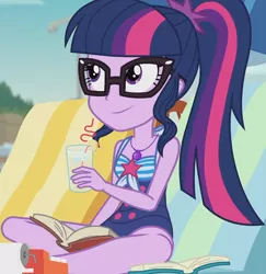 Size: 1640x1687 | Tagged: safe, derpibooru import, screencap, sci-twi, twilight sparkle, equestria girls, equestria girls series, friendship math, adding machine, beach chair, clothes, cropped, female, geode of telekinesis, glasses, image, juice, lemonade, magical geodes, one-piece swimsuit, png, ponytail, sci-twi swimsuit, sleeveless, solo, swimsuit