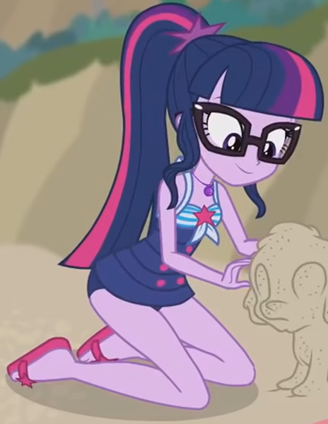 Size: 982x1271 | Tagged: safe, derpibooru import, screencap, sci-twi, spike, spike the regular dog, twilight sparkle, dog, equestria girls, equestria girls series, x marks the spot, beach, clothes, cropped, flip-flops, geode of telekinesis, glasses, image, magical geodes, png, ponytail, sandals, sci-twi swimsuit, sleeveless, swimsuit
