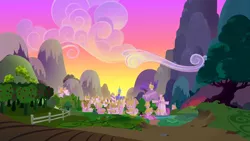 Size: 1280x720 | Tagged: safe, derpibooru import, screencap, slice of life (episode), 100th episode, apple, apple tree, background, fence, food, hill, image, mountain, no pony, png, ponyville, scenic ponyville, sunset, tree, twilight's castle