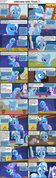 Size: 1282x4017 | Tagged: safe, artist:agrol, derpibooru import, edit, edited screencap, screencap, starlight glimmer, trixie, pony, unicorn, comic:celestia's servant interview, headmare of the school, all bottled up, boast busters, apple, book, brush, brushing, brushing mane, cape, caption, clothes, coffee mug, comic, cookie, cs captions, cute, diatrixes, doodling, drawing, female, flower, flower pot, food, fruit, hat, image, interview, levitation, looking at you, magic, magic aura, magic lessons, mare, mirror, missing accessory, mug, must be better, nom, png, quill pen, sandwich, screencap comic, smiling, teapot, telekinesis, text, trixie's cape, trixie's hat, wide smile