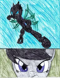 Size: 2549x3299 | Tagged: safe, artist:l9obl, derpibooru import, octavia melody, changeling, earth pony, pony, once upon a time in canterlot, angry, badass, comic, female, fight, flying kick, glare, image, kick, male, png