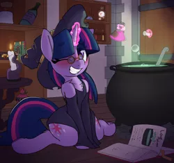 Size: 1936x1820 | Tagged: safe, artist:lockheart, derpibooru import, edit, twilight sparkle, ghost, pony, undead, unicorn, adorkable, blushing, bone hurting juice, boo (super mario), book, candle, cauldron, chest fluff, clothes, colored horn, curved horn, cute, disembodied horn, dork, dress, eye clipping through hair, female, glasses, hat, horn, image, leg fluff, levitation, love potion, magic, mare, one eye closed, png, potion, shoulder fluff, sitting, smiling, solo, sombra's horn, super mario bros., telekinesis, twiabetes, underhoof, unicorn twilight, wingless, wingless edit, wink, witch, witch hat