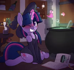 Size: 1936x1820 | Tagged: safe, artist:lockheart, edit, twilight sparkle, ghost, pony, undead, unicorn, adorkable, blushing, bone hurting juice, boo (super mario), book, candle, cauldron, chest fluff, clothes, colored horn, curved horn, cute, disembodied horn, dork, dress, eye clipping through hair, featured image, female, hat, horn, image, leg fluff, levitation, love potion, magic, mare, one eye closed, png, potion, shoulder fluff, sitting, smiling, solo, sombra's horn, telekinesis, twiabetes, underhoof, unicorn twilight, wingless, wingless edit, wink, witch, witch hat