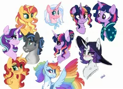 Size: 2747x2000 | Tagged: safe, artist:scarletskitty12, derpibooru import, idw, clear sky, king sombra, rainbow dash, rarity, starlight glimmer, sunset shimmer, twilight sparkle, pegasus, pony, unicorn, reflections, spoiler:comic, alternate hairstyle, bust, cheek fluff, chest fluff, colored wings, cute, cute little fangs, ear fluff, fangs, female, good king sombra, hat, high res, image, jpeg, male, mare, multicolored wings, ponytail, portrait, simple background, stallion, white background, wings