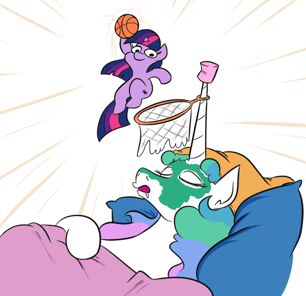 Size: 857x828 | Tagged: safe, artist:jargon scott, derpibooru import, princess celestia, twilight sparkle, alicorn, pony, unicorn, basketball, basketball hoop, bed, drool, female, filly, filly twilight sparkle, hat, horn, horn guard, image, mare, mud mask, nightcap, open mouth, png, simple background, sleeping, sports, this will end in tears, twiggie, unicorn twilight, white background, younger