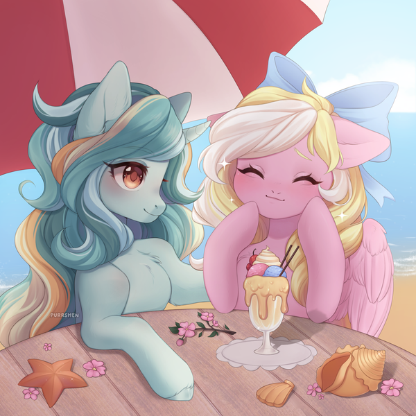 Size: 2000x2000 | Tagged: safe, artist:purrshen, derpibooru import, oc, oc:bay breeze, oc:seasprint, unofficial characters only, pegasus, pony, unicorn, beach, blushing, bow, cute, duo, eyes closed, female, food, hair bow, happy, high res, horn, ice cream, image, long mane, mare, ocbetes, pegasus oc, png, shells, squishy cheeks, umbrella, unicorn oc, wings