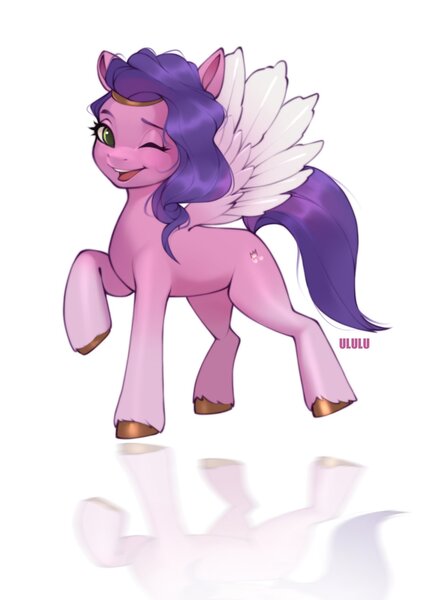 Size: 1492x2021 | Tagged: safe, artist:u_lu_lu, derpibooru import, pipp petals, pegasus, pony, adorapipp, cute, feather, female, g5, image, jpeg, looking at you, mare, one eye closed, open mouth, raised hoof, reflection, simple background, solo, unshorn fetlocks, white background