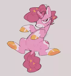 Size: 604x645 | Tagged: suggestive, artist:dreamland7777, derpibooru import, oc, oc:shimmerheart, earth pony, pony, belly up, curly hair, heart glasses, hooves, image, not pinkie pie, nullcrotch, pink coat, pink mane, png, solo, stars, sweat