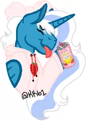Size: 271x379 | Tagged: safe, artist:kitkatbug1, derpibooru import, oc, oc:fleurbelle, alicorn, pony, alicorn oc, bow, clothes, drink, female, food, hair bow, holding, hoodie, horn, image, mare, png, soda, soda can, strawberry, tongue out, wings
