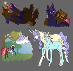 Size: 2045x2000 | Tagged: safe, artist:felinenostalgic, derpibooru import, oc, oc:dark roast, oc:dusk constellation, oc:hazy daydream, oc:old fashioned lavender, oc:prarie plume, oc:starkrimson nebula, unofficial characters only, pony, apple, apple tree, blushing, cloud, cuddling, female, food, gay, glasses, gray background, horn, horns are touching, image, magic, magical gay spawn, male, mare, oc x oc, offspring, offspring shipping, on a cloud, parent:big macintosh, parent:braeburn, parent:coco pommel, parent:donut joe, parent:double diamond, parent:fancypants, parent:fine print, parent:rainbow dash, parent:twilight sparkle, parents:cocoburn, parents:doubledash, parents:twimac, png, shipping, simple background, sitting, sitting on cloud, size difference, stallion, straight, tree, unshorn fetlocks