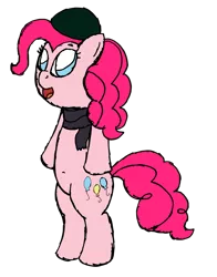 Size: 1563x1991 | Tagged: safe, artist:sparkfler85, derpibooru import, pinkie pie, earth pony, pony, clothes, cutie mark, female, hat, image, png, scarf, simple background, solo, solo female, standing, transparent background