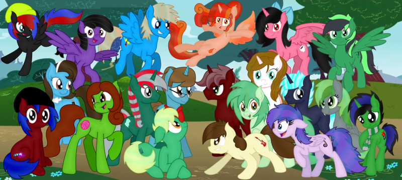 Size: 3661x1638 | Tagged: safe, artist:greynimbus, derpibooru import, oc, oc:chaoticseven, oc:dawillstanator, oc:decibelle, oc:goombasa, oc:imshadow007, oc:itsannachloem, oc:lupiarts, oc:nowacking, oc:pegasus pitch, oc:purpleroselyn, oc:rina-chan, oc:shadowring123, oc:starryflame, oc:vannamelon, oc:warriorcatcloudtail5, alicorn, earth pony, pegasus, pony, unicorn, banner, female, image, male, png