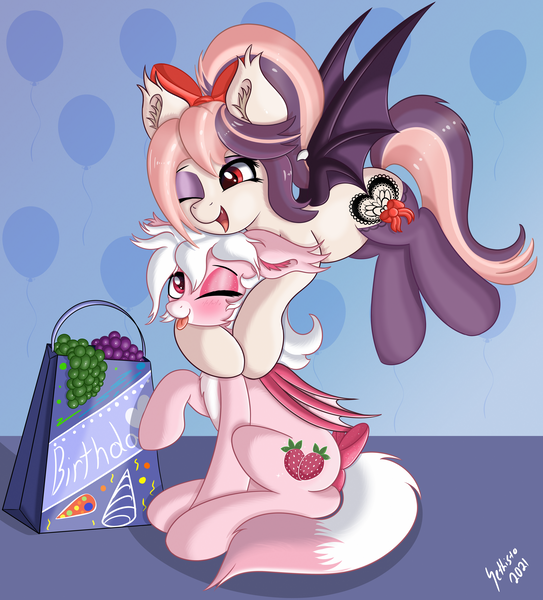 Size: 4532x5004 | Tagged: safe, artist:sethisto, derpibooru import, oc, oc:cream puff, oc:sweet velvet, bat pony, birthday, bow, clothes, food, fruit, grapes, hug, image, png, simple background, socks